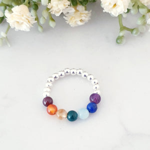 Hope Beaded Crystal Rainbow Ring Sterling Silver Stretch Design