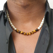 Load image into Gallery viewer, White pearl necklace with 9 centred tigers eye beads