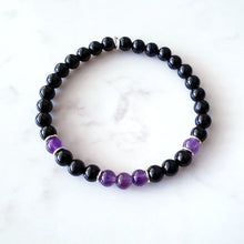 Load image into Gallery viewer, Stretch bracelet, 6mm size purple Amethyst and Black Obsidian gemstones, with sterling silver rings as occasional spacers