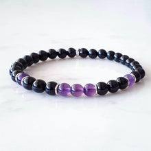 Load image into Gallery viewer, 6mm size beads of purple Amethyst and Black Obsidian gemstones, with sterling silver rings as occasional spacers. Stretch bracelet
