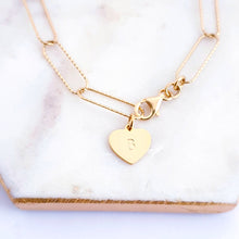 Load image into Gallery viewer, Gold plated sterling silver long link chain bracelet with personalised gold plated heart charm.  

