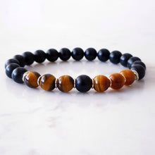 Load image into Gallery viewer, 8mm tigers eye and matt black agate stretch bracelet with sterling silver rings