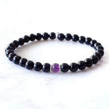 Load image into Gallery viewer, 6mm bead, Black Obsidian with Amethyst centre bead with sterling silver rings. Stretch bracelet