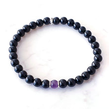 Load image into Gallery viewer, 6mm bead, Black Obsidian bracelet with Amethyst centre bead with sterling silver rings.