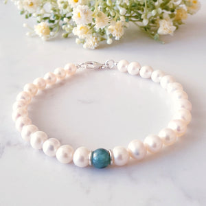 Pearl and Emerald June May Birthstone Bracelet Sterling Silver
