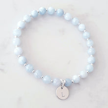 Load image into Gallery viewer, Aquamarine, light blue gemstone stretch bracelet with sterling silver beads and a personalised disc charm