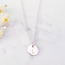 Load image into Gallery viewer, Personalised circle pendant, on 18 inch rolo chain with 2 inch extender sterling silver