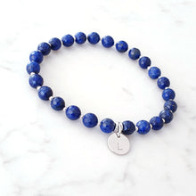 Load image into Gallery viewer, Blue Lapis Lazuli beaded bracelet with sterling silver beads inbetween and a personalised disc charm
