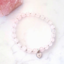 Load image into Gallery viewer, Rose quartz beaded bracelet with sterling silver beads inbetween and personalised heart charm