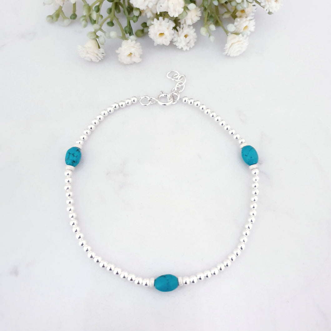 Reehan Sparkly Turquoise Beaded Anklet Sterling Silver, Boho Anklet