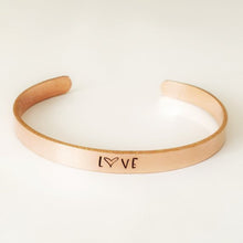 Load image into Gallery viewer, Copper bangle cuff hand stamped with LOVE or personalised with wording of your choice. 150mm x 6mm copper bangle.