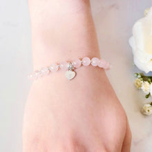 Load image into Gallery viewer, Rose Quartz Bracelet with personalised Sterling Silver heart charm and small silver beads