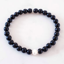 Load image into Gallery viewer, Black Obsidian and Pearl Bracelet Silver, June Birthstone Bracelet Men, Black and White Unisex Bracelet Boyfriend Brother Mum Daughter Son