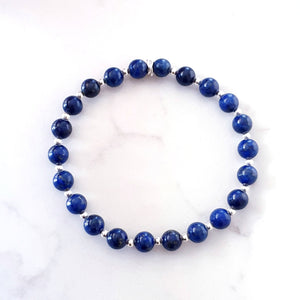 Lapis Lazuli Bracelet Sterling Silver, Birthday Gift Daughter Sister Mum, Crystal Stone Beaded Bracelet, Blue Unisex Stretch Bracelet