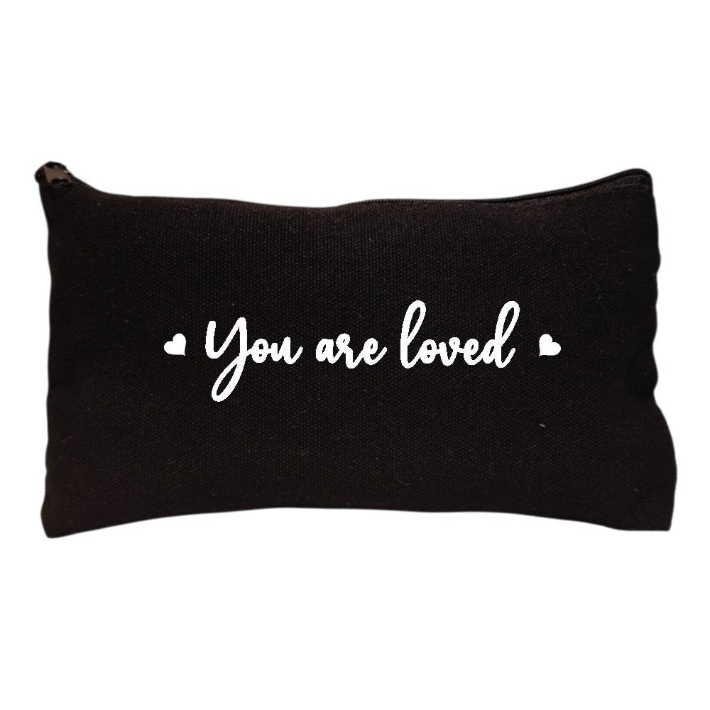 Black canvas bag with the wording you are loved