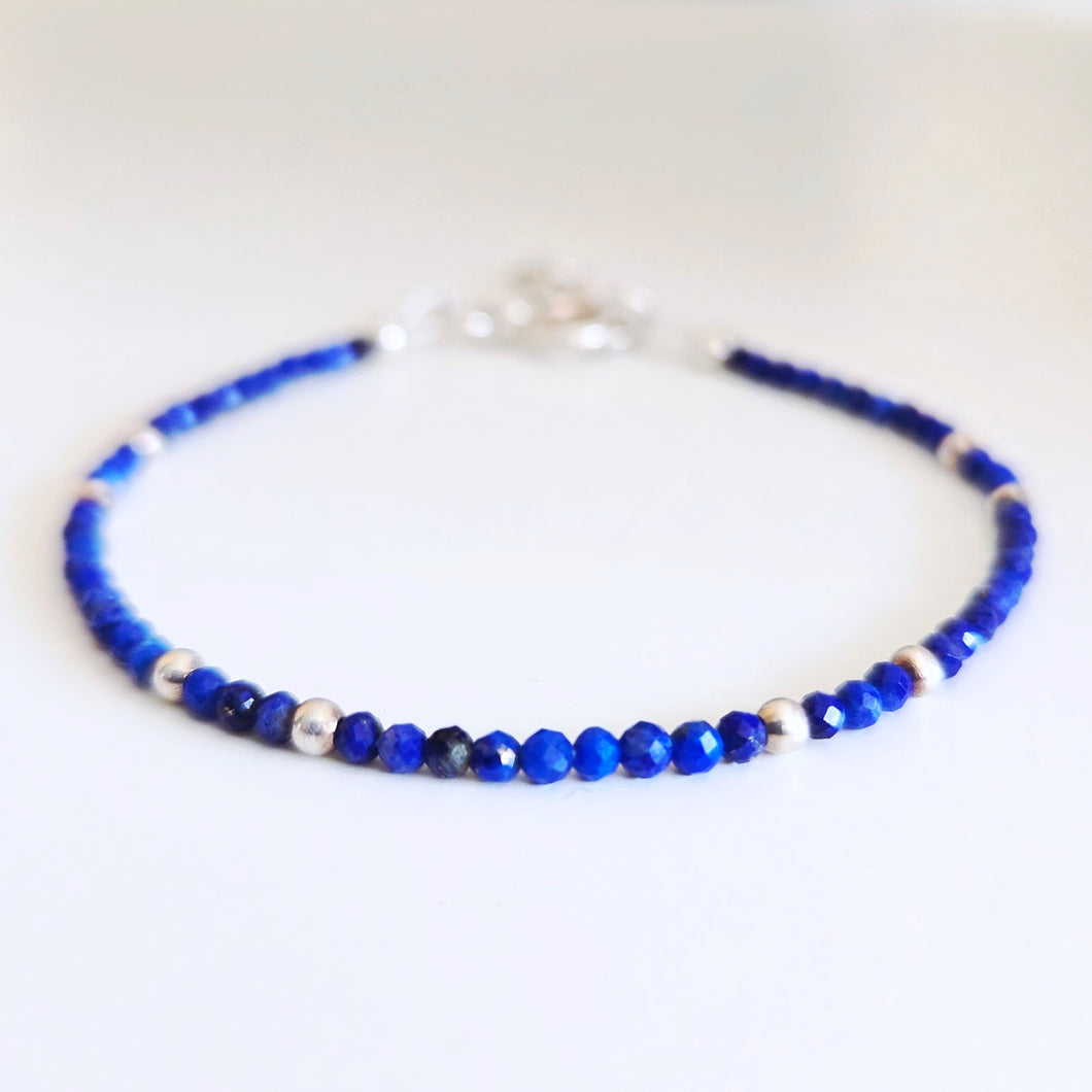 Lapis Lazuli Bracelet Sterling Silver, Dainty Crystal Beaded Bracelet