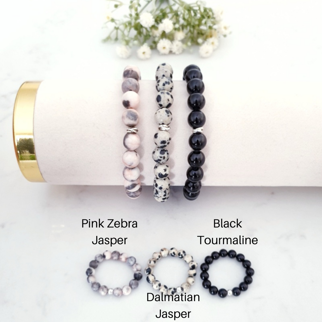 Pink Zebra Jasper, Dalmatian Jasper and Black Tourmaline Bracelet and Ring Set