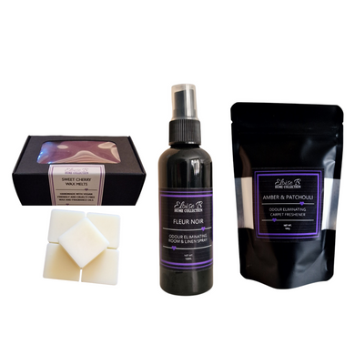 A collection of home fragrance products including room and linen spray, wax melts and carpet freshener.