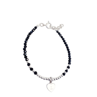 black beaded bracelet with an initial charm sterling silver
