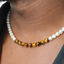 Load image into Gallery viewer, White pearl necklace 9 tigers eye beads in the centre
