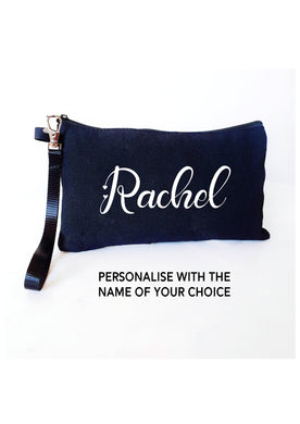 Black pouch with a name of your choice on it printed on it