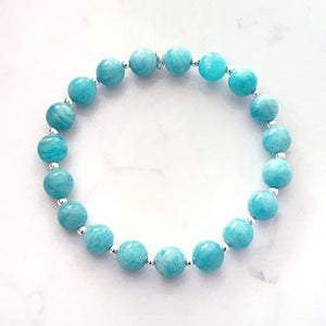 Amazonite Gemstone Crystal Bracelet Silver, Blue Green Stone Beaded Bracelet