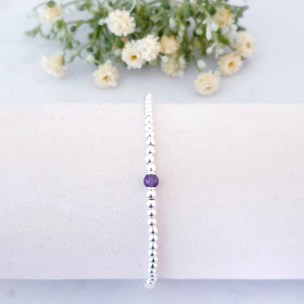 Amethyst Crystal February Birthstone Bracelet Sterling Silver Stretch Design