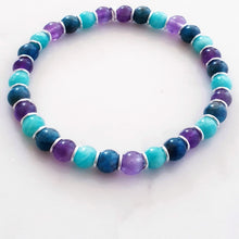 Load image into Gallery viewer, Amethyst, Amazonite and Apatite Gemstone Crystal Bracelet Sterling Silver Stretch Design
