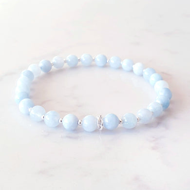 Aquamarine, light blue gemstone stretch bracelet with sterling silver beads and rings