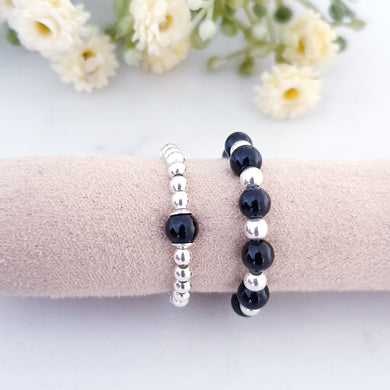 Black agate gemstone beaded stretch ring with sterling silver