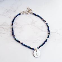 Load image into Gallery viewer, Dark Blue faceted spinel beaded gemstone with personalised initial circle charm.  Sterling silver
