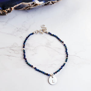 Dainty Blue Spinel Bracelet Sterling Silver Personalised Initial Charm
