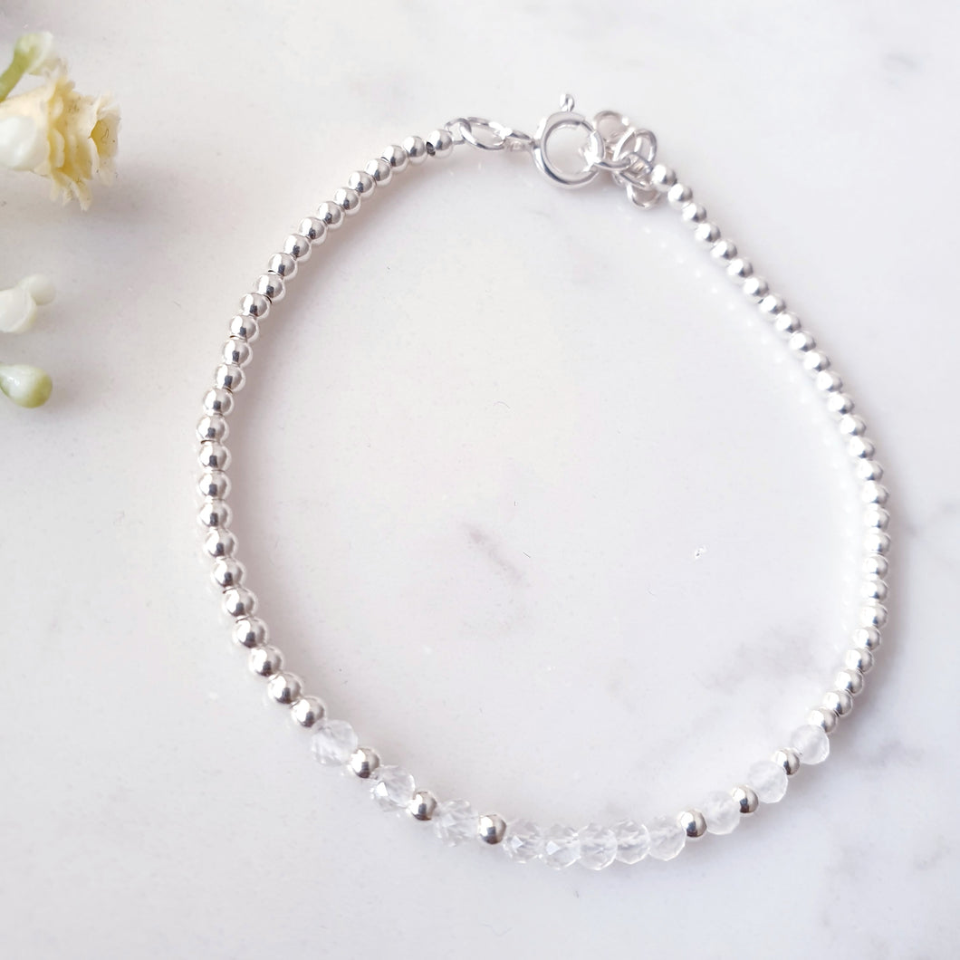 Faceted clear quartz beaded bracelet with sterling silver