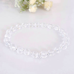 6mm faceted clear crystal quartz stretch bracelet with sterling silver beads