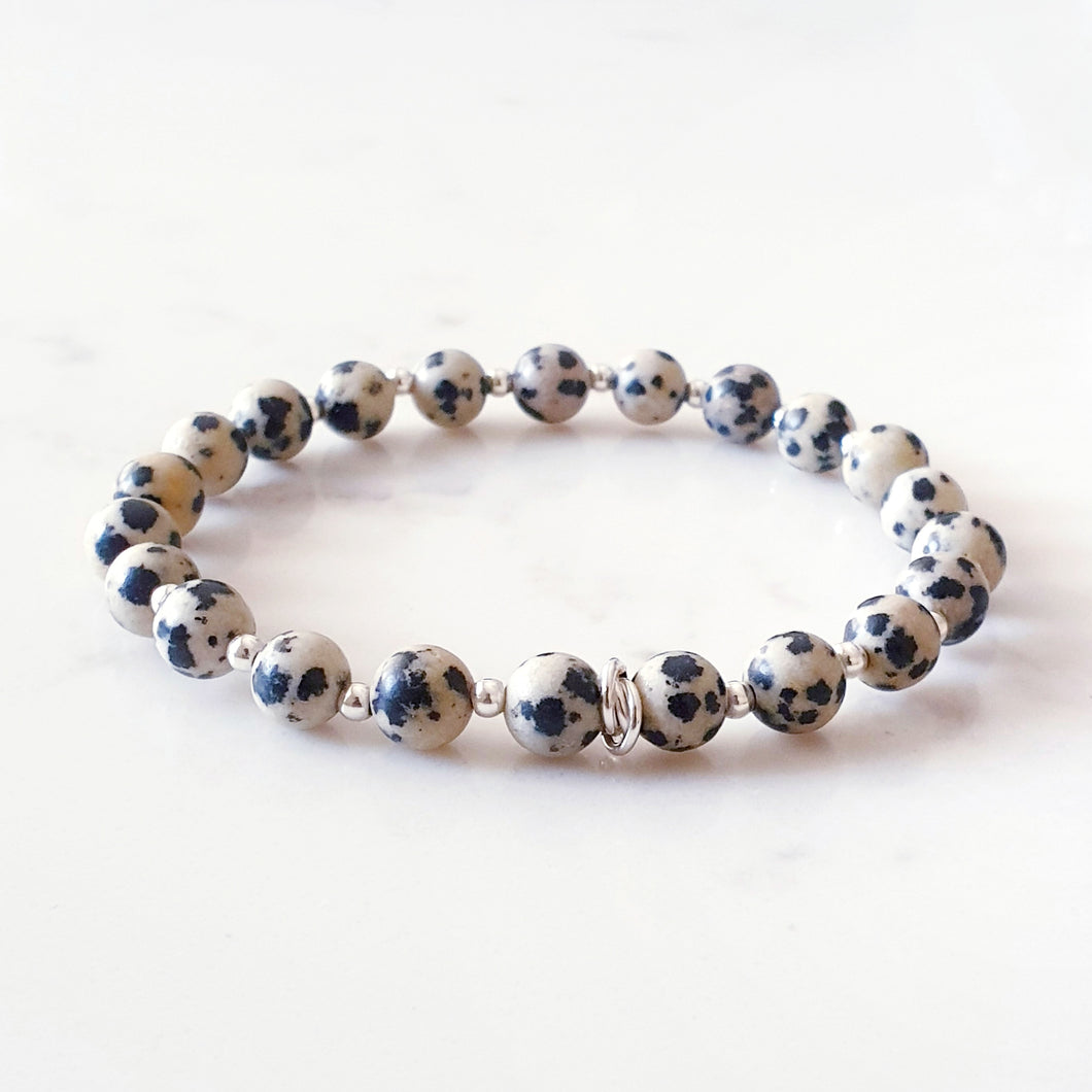 Dalmatian Jasper Crystal Bracelet Sterling Silver, Stone Beaded Bracelet