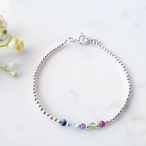 Family Birthstone Multi Gemstone Crystal Beaded Bracelet Sterling Silver