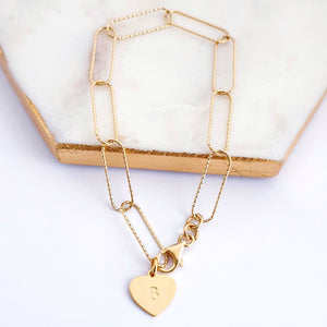 Gold plated sterling silver long link chain bracelet with personalised gold plated heart charm.  