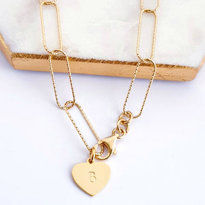 Gold plated sterling silver long link chain bracelet with personalised gold plated heart charm.  