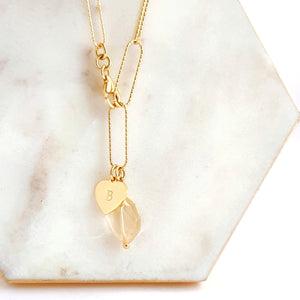 Gold plated sterling silver long link chain bracelet with personalised gold plated heart charm and a citrine gemstone charm.  