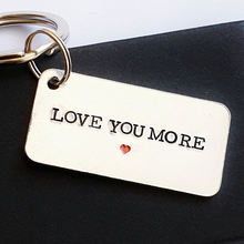 Load image into Gallery viewer, Love you more aluminium keyring with red heart, small and large split rings
