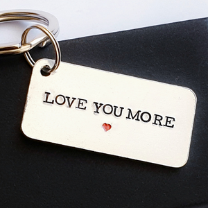 Love you more aluminium keyring with red heart, small and large split rings