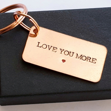 Load image into Gallery viewer, Love you more copper keyring with red heart, small and large split rings and gift box
