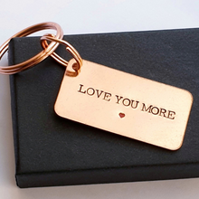 Load image into Gallery viewer, Love you more copper keyring with red heart, small and large split rings and gift box
