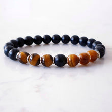 Load image into Gallery viewer, 8mm tigers eye and matt black agate stretch bracelet with sterling silver rings
