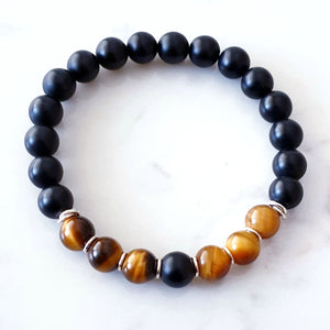 8mm tigers eye and matt black agate stretch bracelet with sterling silver rings