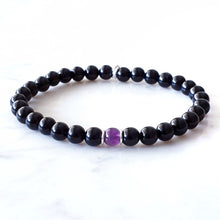 Load image into Gallery viewer, 6mm bead, Black Obsidian with Amethyst centre bead with sterling silver rings.  Stretch bracelet
