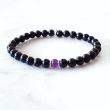 Load image into Gallery viewer, Black Obsidian with Amethyst centre bead with sterling silver rings.  Stretch bracelet
