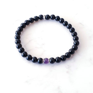 Stretch bracelet, Black Obsidian with Amethyst centre bead with sterling silver rings