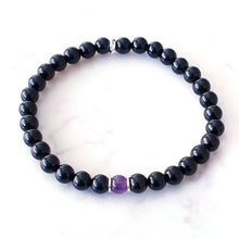 Load image into Gallery viewer, 6mm bead, Black Obsidian bracelet with Amethyst centre bead with sterling silver rings.

