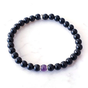 6mm bead, Black Obsidian bracelet with Amethyst centre bead with sterling silver rings.